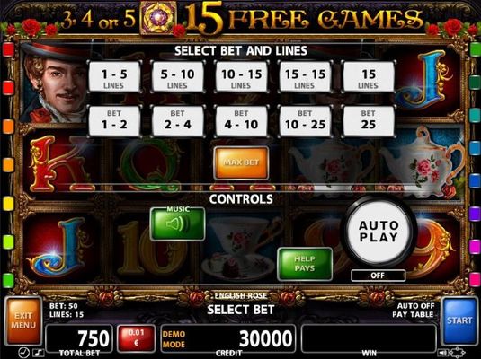 Select Bet and Lines - 1 to 15 Lines and 1 to 25 coins per line.