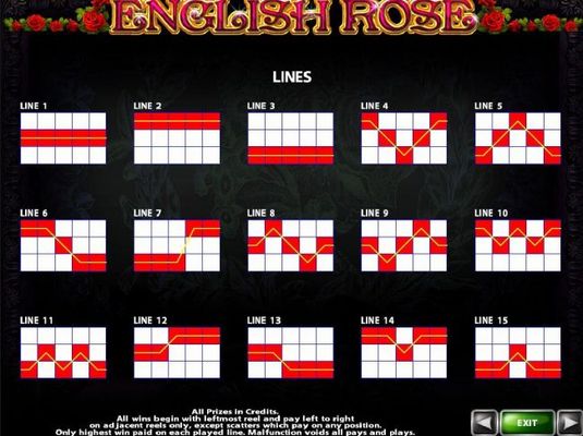 Payline Diagrams 1-15. All wins begin with the leftmost reel and pay left to right on adjacent reels only, except scatters which pay on any position.