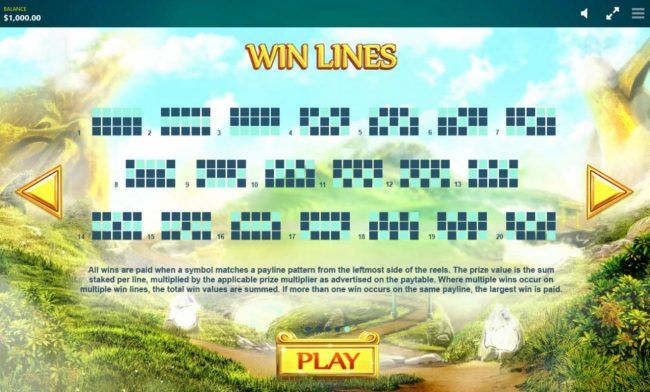 Payline Diagrams 1-20. All wins are paid when a symbol matches a payline pattern from the leftmost side of the reels.