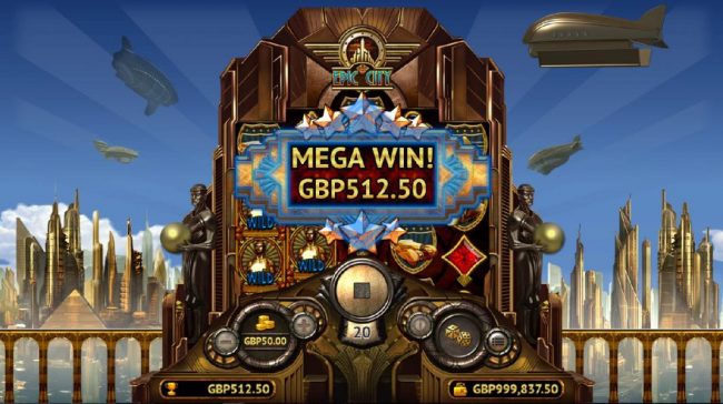 A 512.50 mega win triggered by wild symbols on reels 1 and 2 triggering multiple winning paylines.