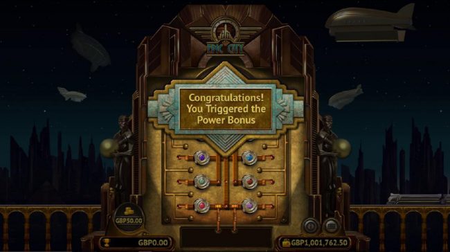 The Power Bonus game board. Click on the colored buttons to reveal a prize. Find 3 advance to go to the next level. Find the Collect and the bonus feature ends.