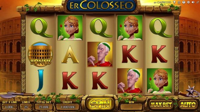 Main game board featuring five reels and 25 paylines with a $187,500 max payout.
