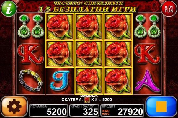 8 red roses triggers a 5200 coin payout and awards 15 free games.