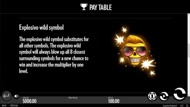 Explosivo Wild Symbol - The explosivo wild symbol substitutes for all other symbols. The explosivo wild symbol will always blow up all 8 closet surrounding symbols for a new chance to win and increase the multiplier by one level.