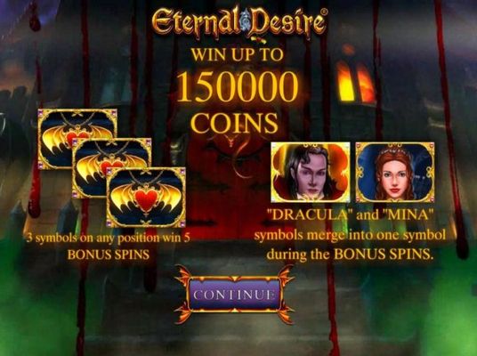 Win up to 150000 coins! Three symbols on any position win 5 bonus spins.