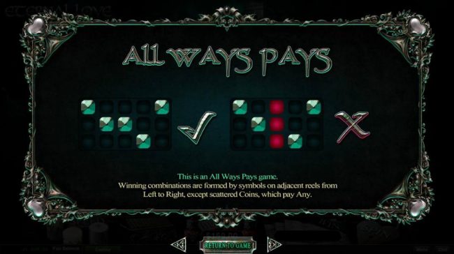 QAll Ways Pays. Winning combinations are formed by symbols on adjacent reels from left to right, except scattered coins, which pay any.