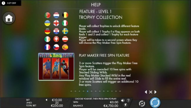 Feature - Level 1 Trophy Collection Rules and Play Maker Free Spin Feature Rules.