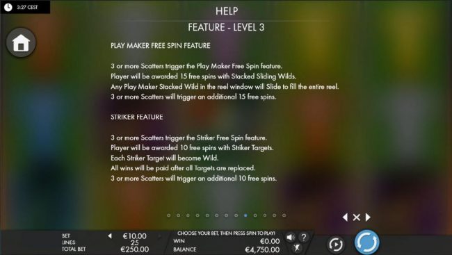 Feature - Level 3 Play Maker Free Spin Feature and Striker Feature Rules.
