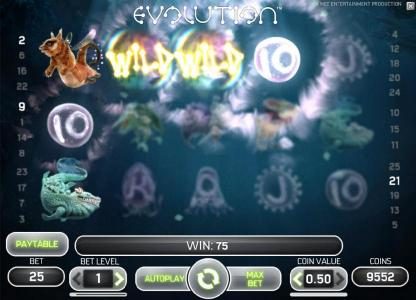 wild symbols triggers multiple winning paylines for a 75 coin jackpot
