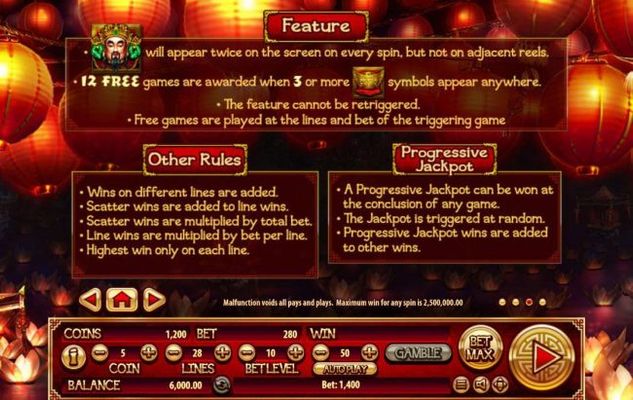 General Game Rules, Free Games Feature Rules and Progressive Jackpot Rules.