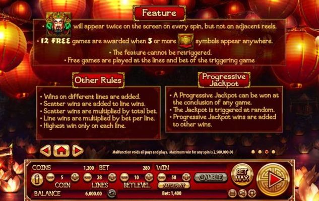 General Game Rules, Free Games Feature Rules and Progressive Jackpot Rules.