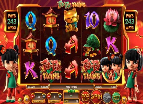 An Asian themed main game board featuring five reels and 243 winning combinations with a $810,000 max payout