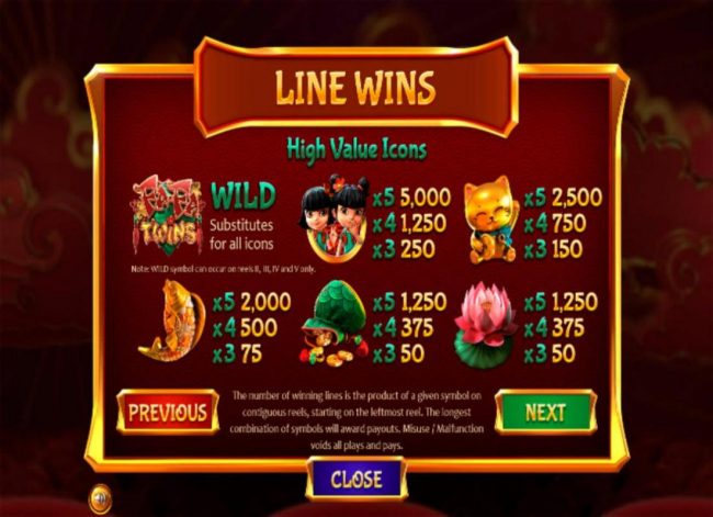 High value slot game symbols paytable featuring Asian inspired icons..