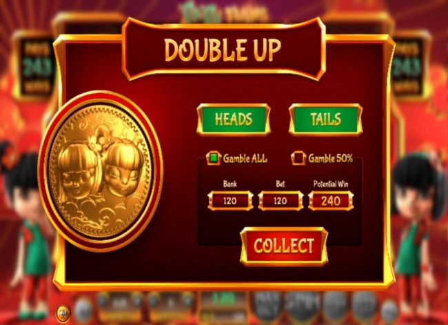 Double Up gamble feature is available after every winning spin. Select the heads or tails for a chance to double your winnings.