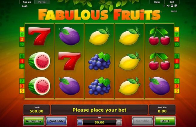 A fruit themed main game board featuring five reels and 10 paylines with a $50,000 max payout