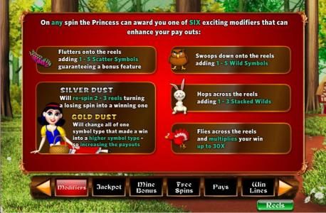 on any spin the Princess can award you one of six exciting modifiers that can enhance your pay outs.