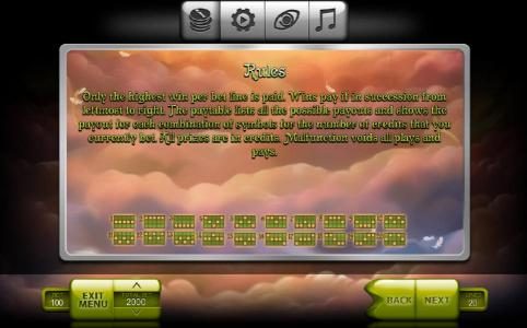 Rules - Only the highest win per bet line is paid. Wins pay if in succession from leftmost to right. The paytable lists all the possible payouts and shows the payout for each combination of symbols for the number of credits that you currently bet. All pri