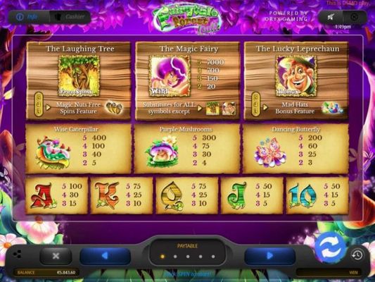 Slot game symbols paytable.