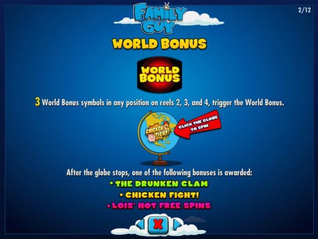 Three World Bonus symbols in any position on reels 2, 3 and 4 trigger the World Bonus. After the globe stops, one of three bonuses will be awarded.