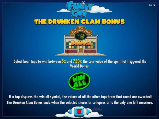 The Druken Clm Bonus - Select beer taps to win between 5x and 750x the coin value of the spin that triggered the World Bonus.
