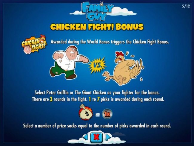 Chicken Fight! Bonus - Select Peter Griffin or The Giant Chicken as your fighter for the bonus. There are three rounds in the fight. 1 to 7 picks is awarded during each round. Select a number of prize sacks equal to the number of picks awarded in each rou