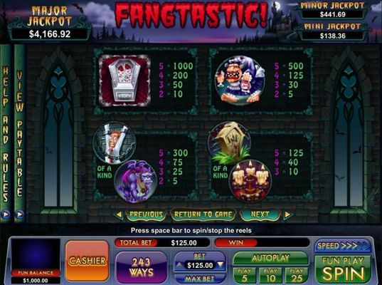 High value slot game symbols paytable featuring vampire inspired icons.