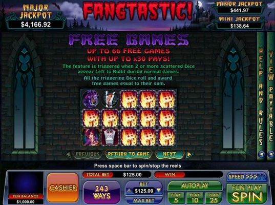 Free Games - Up to 66 Free Games with up to x30 pays! The feature is triggered when 2 or more scattered dice appear left to right during normal games.