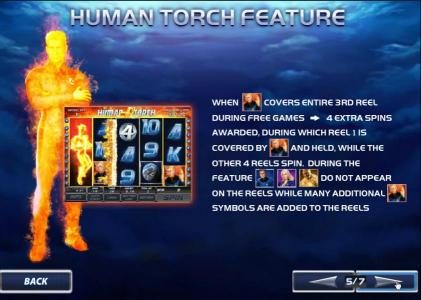 four free spins when human torch feature covers 3rd reel
