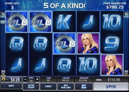 five of a kind triggers a $713 jackpot during free games feature