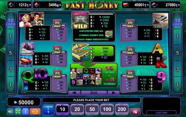 Slot game symbols paytable.