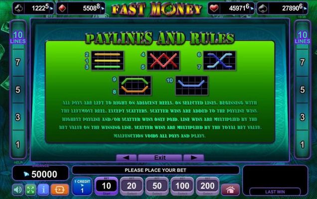 Payline Diagrams 1-10. All pays are left to right on adjacent reels, on selected lines, beginning with the leftmost reel, except scatters. Scatters wins are added to the payline wins.