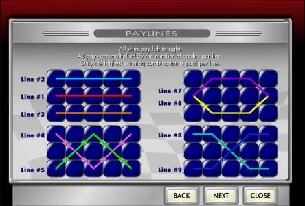 payline diagrams. all pays are multiplied by the number of credits per line.