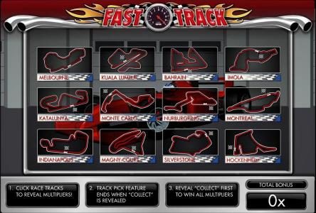 click race tracks to reveal multipliers. track pick feature ends when "collect" is revealed. reveal "collect" first to win all multipliers