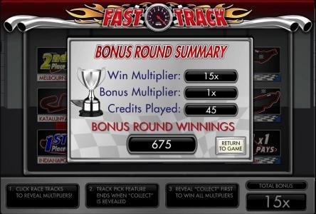 bonus round summary. total bonuss round winnings 675 coins
