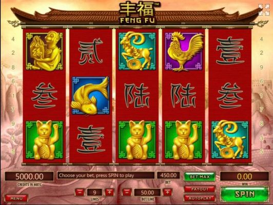 A Chinese good luck themed main game board featuring five reels and 9 paylines with a $50,000 max payout