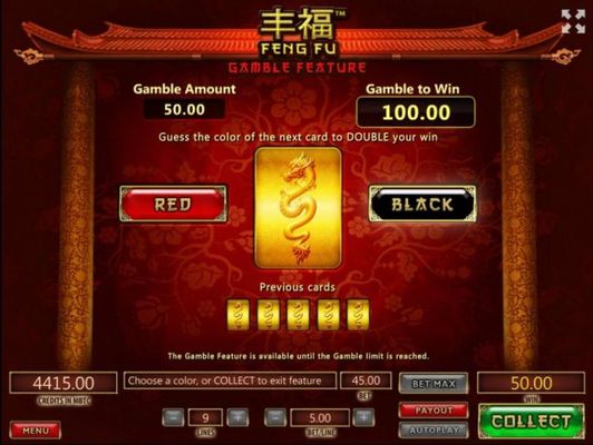 Gamble Feature - To gamble any win press Gamble then select Red or Black.