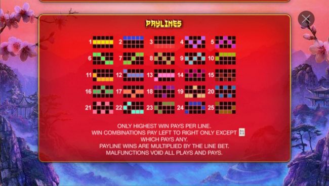 Payline Diagrams 1-25. Only highest win pays per line. Win combinations pay left to right only except scatter which pays any.