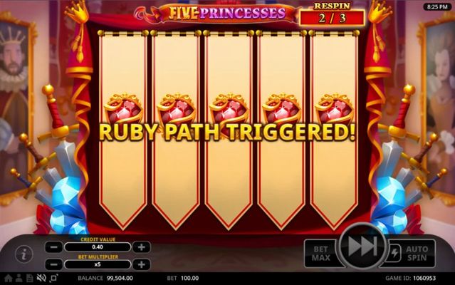Five Princesses :: land a princess scatter symbol on all five reels and play the Ruby Path bonus