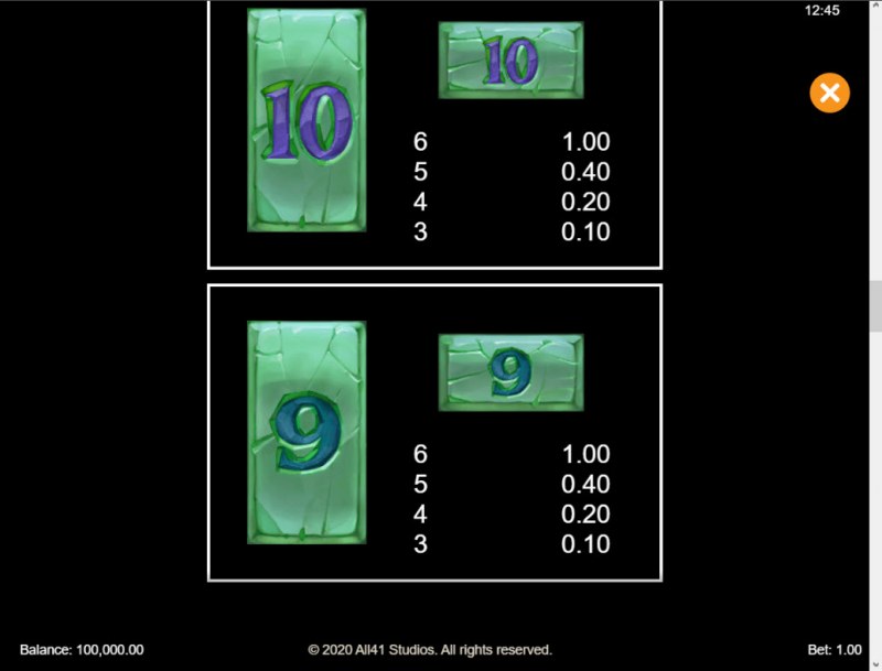 Paytable - Low Value Symbols