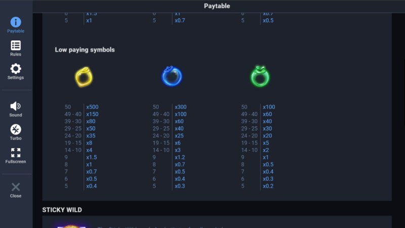 Paytable - Low Value Symbols