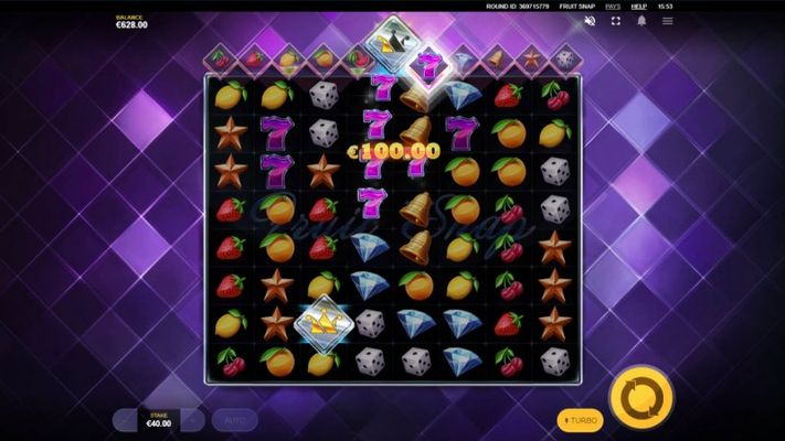 Five or more connected symbols of the same type triggers a win
