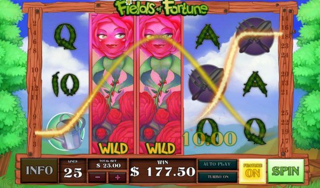 A pair of expanded red rose wilds triggers a 177.50 jackpot award.