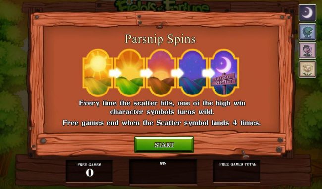 Parsnip Spins - Every time the scatter hits, one of the high win character symbols turns wild. Free games end when the scatter symbol lands 4 times.