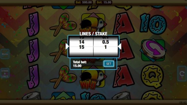 Click the stakes and Lines button to change the coin value or lines played