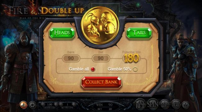 Double Up gamble feature is available after every winning spin. Select Heads or Tails for a chance to double your winnings.