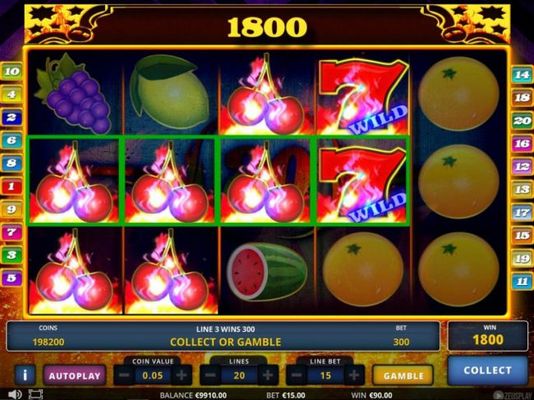 Flaming cherry symbols triggers an 1800 credit jackpot