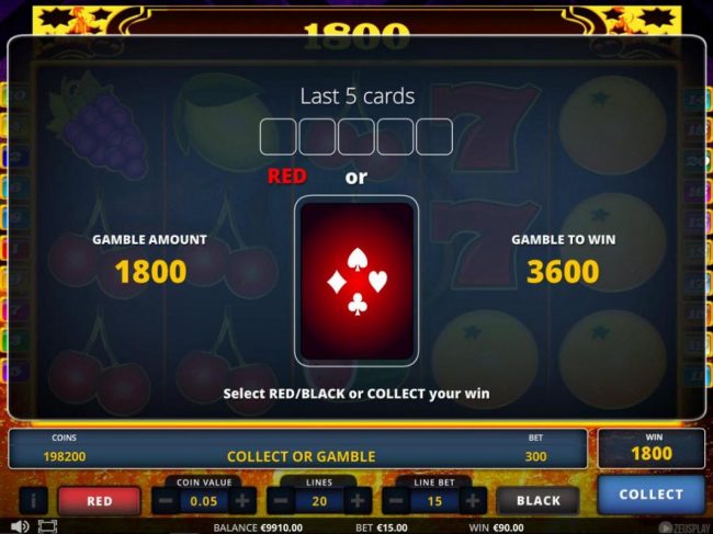 Gamble Feature - To gamble any win press Gamble then select Red or Black.