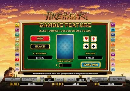 Gamble feature is available after each winning spin. Select color or suit to play.