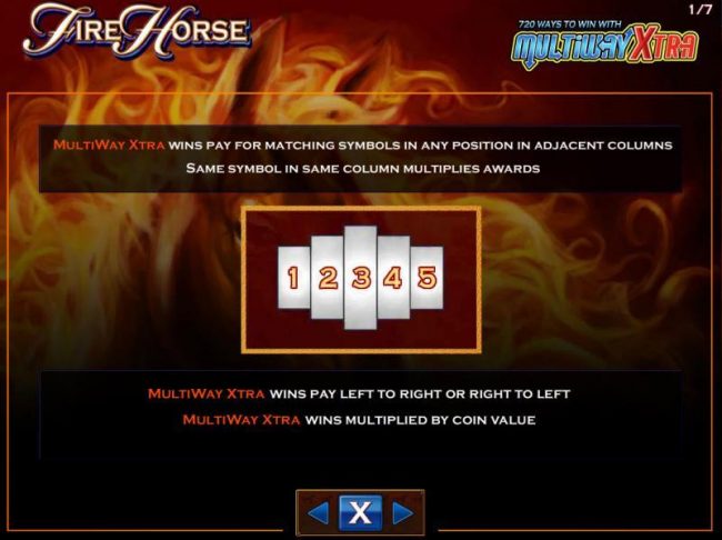 Multiways Xtra wins pay for matching symbols in any position in adjacent columns same symbol in same comlumn multiplies awards.