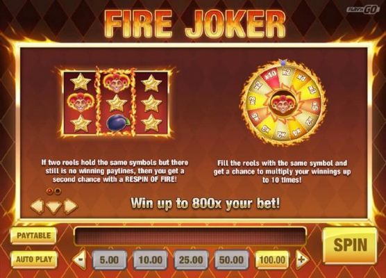 Win up to 800x your bet! If two reels hold the same symbols but there still is no winning paylines, then you get a second chance with a respin of Fire! Fill the reels with the same symbol and get a chance to multiply your winnings up to 10 times.
